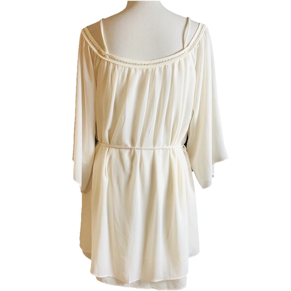 Love Culture Layered Mini Dress Sz S Cold Shoulder Ivory Belted Tassels Coastal - Picture 4 of 13